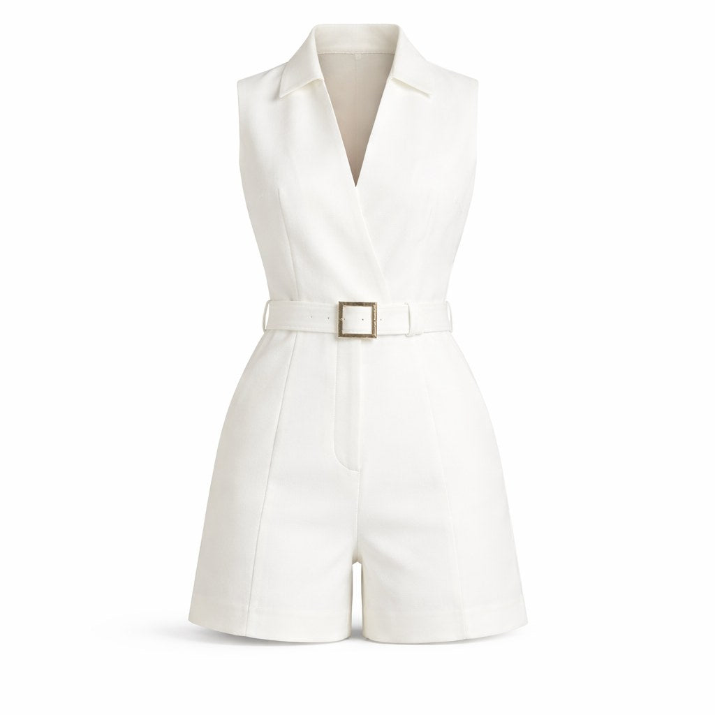Amber – Belted Sleeveless Playsuit for Women with Deep V Neck