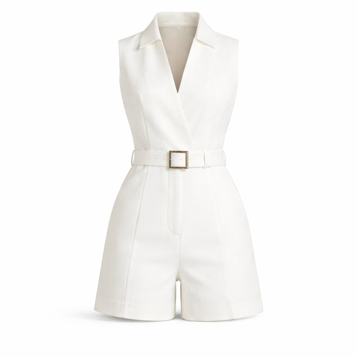 Amber – Belted Sleeveless Playsuit for Women with Deep V Neck
