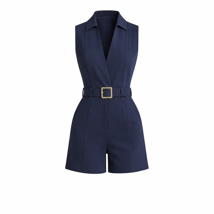 Amber – Belted Sleeveless Playsuit for Women with Deep V Neck