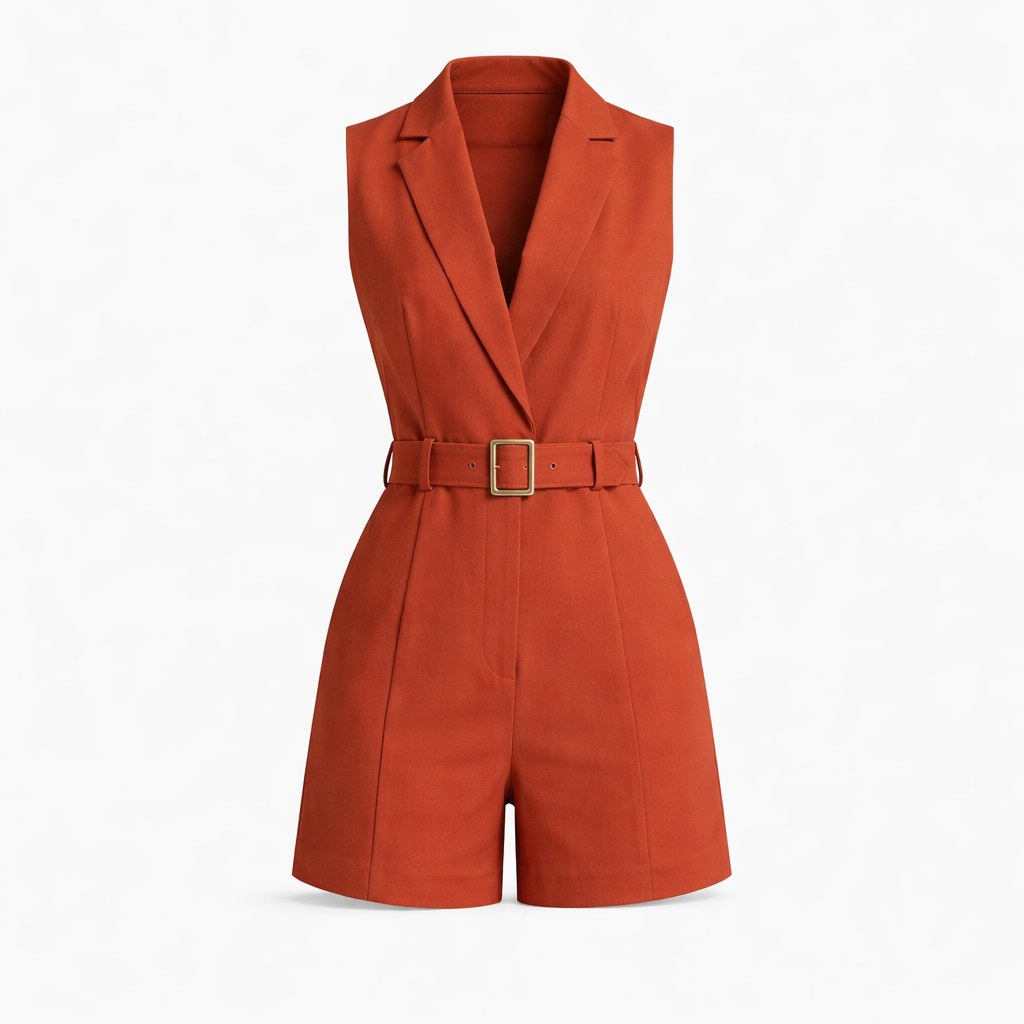 Amber – Belted Sleeveless Playsuit for Women with Deep V Neck