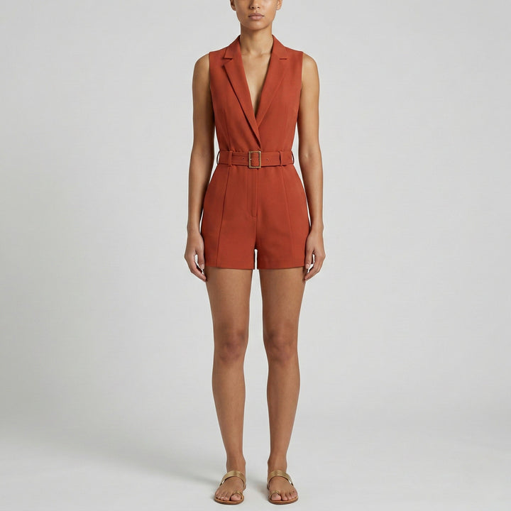 Amber – Belted Sleeveless Playsuit for Women with Deep V Neck