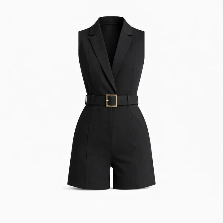Amber – Belted Sleeveless Playsuit for Women with Deep V Neck