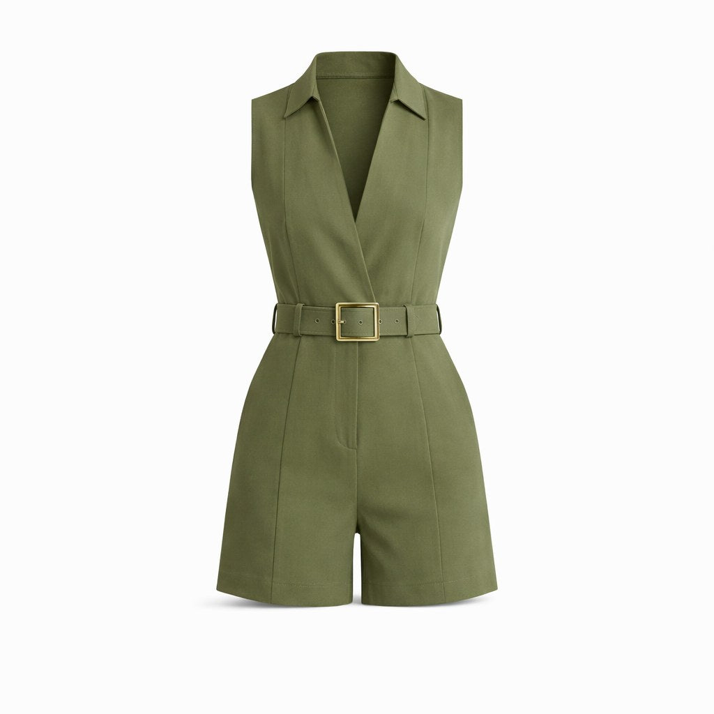 Amber – Belted Sleeveless Playsuit for Women with Deep V Neck