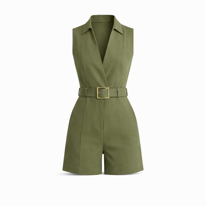 Amber – Belted Sleeveless Playsuit for Women with Deep V Neck