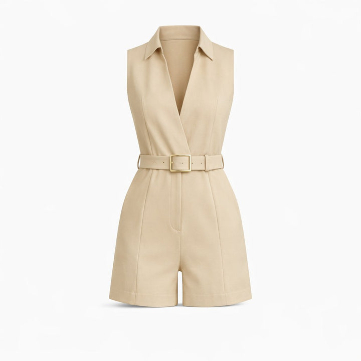 Amber – Belted Sleeveless Playsuit for Women with Deep V Neck
