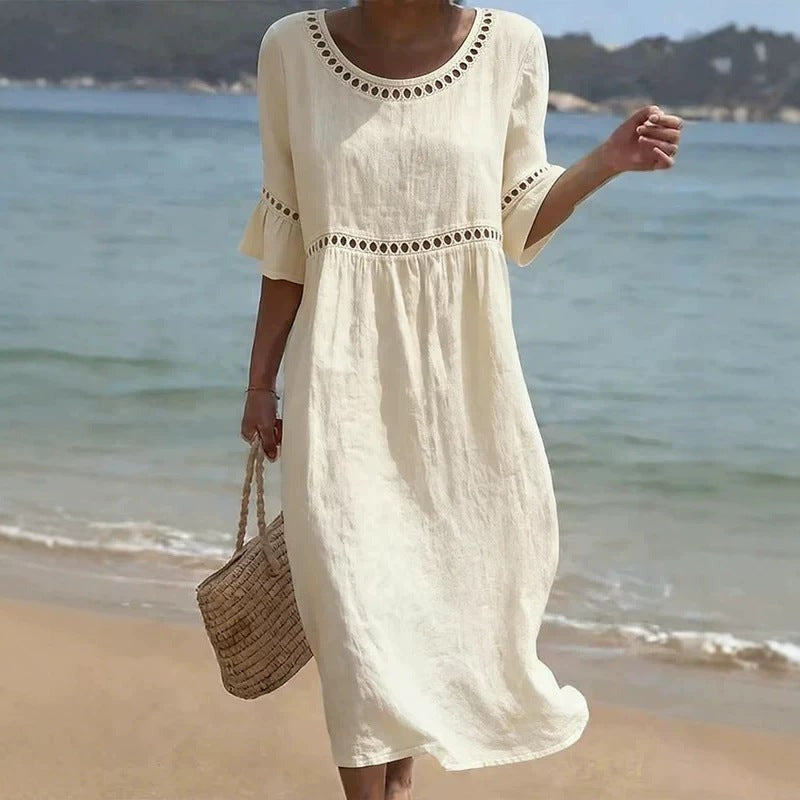 Relaxed Linen Midi Dress with Cutwork Trim in white