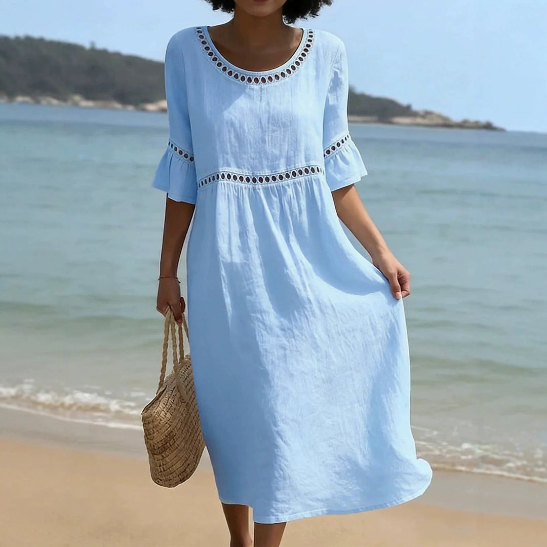 Relaxed Linen Midi Dress with Cutwork Trim in blue