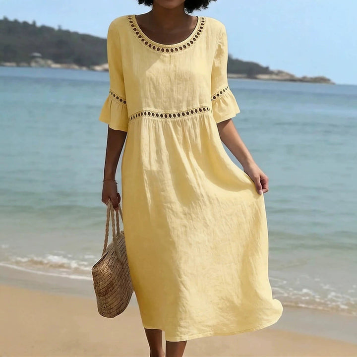 Relaxed Linen Midi Dress with Cutwork Trim in yellow
