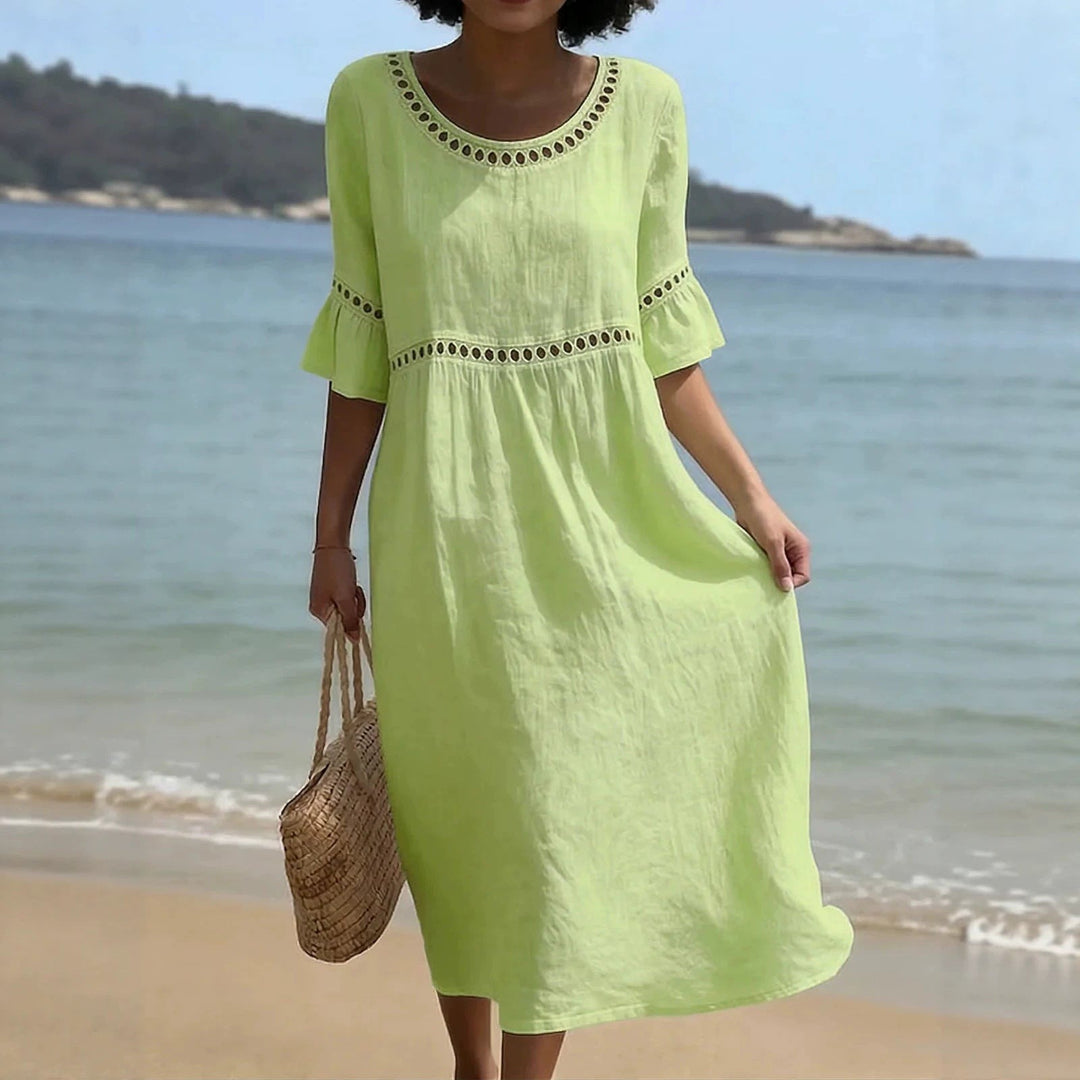Relaxed Linen Midi Dress with Cutwork Trim in green