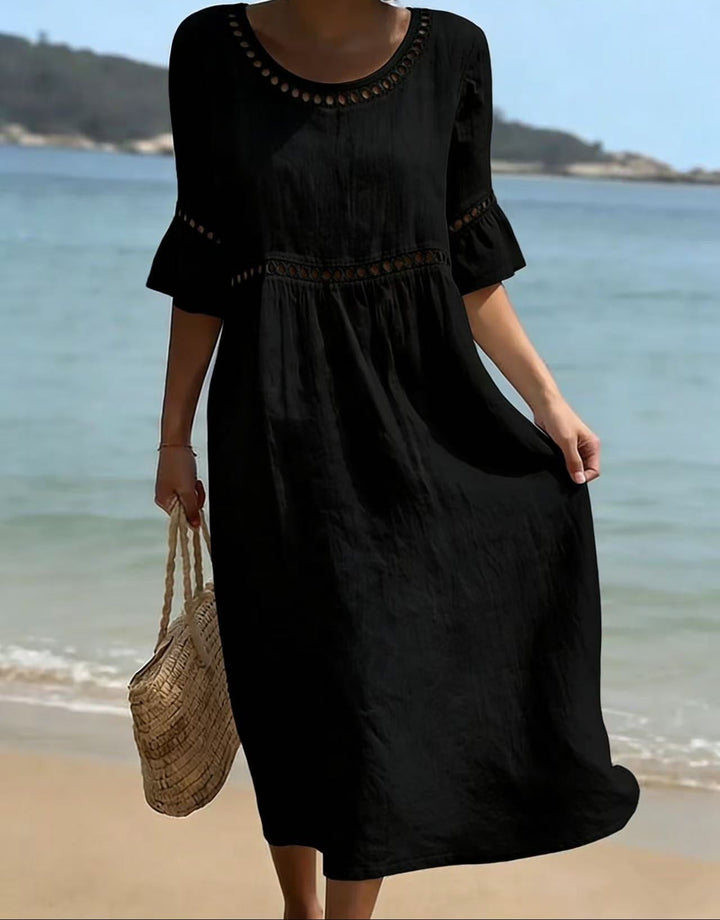 Relaxed Linen Midi Dress with Cutwork Trim in black