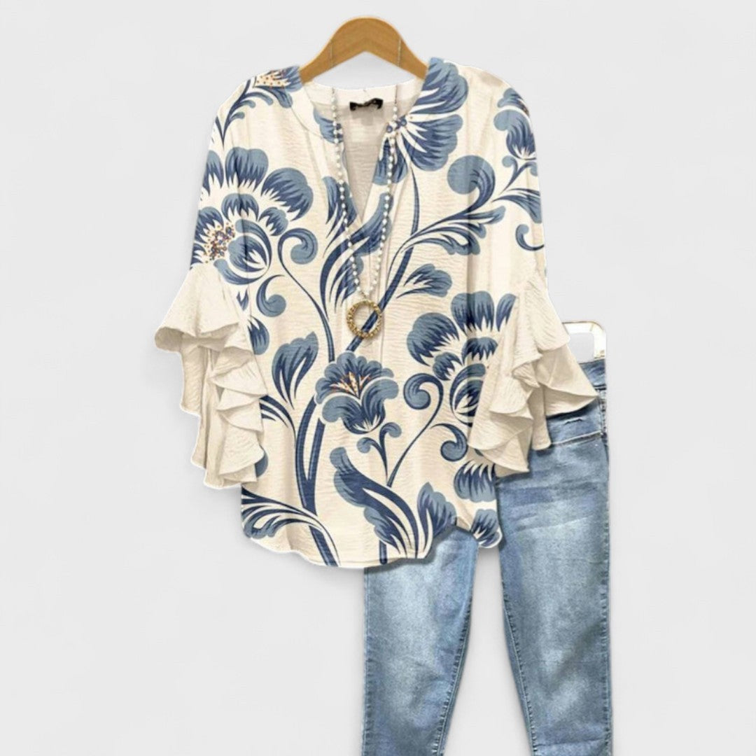 Floral Print Blouse with Tiered Sleeves in white