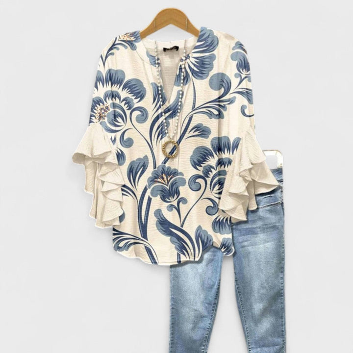 Floral Print Blouse with Tiered Sleeves in white
