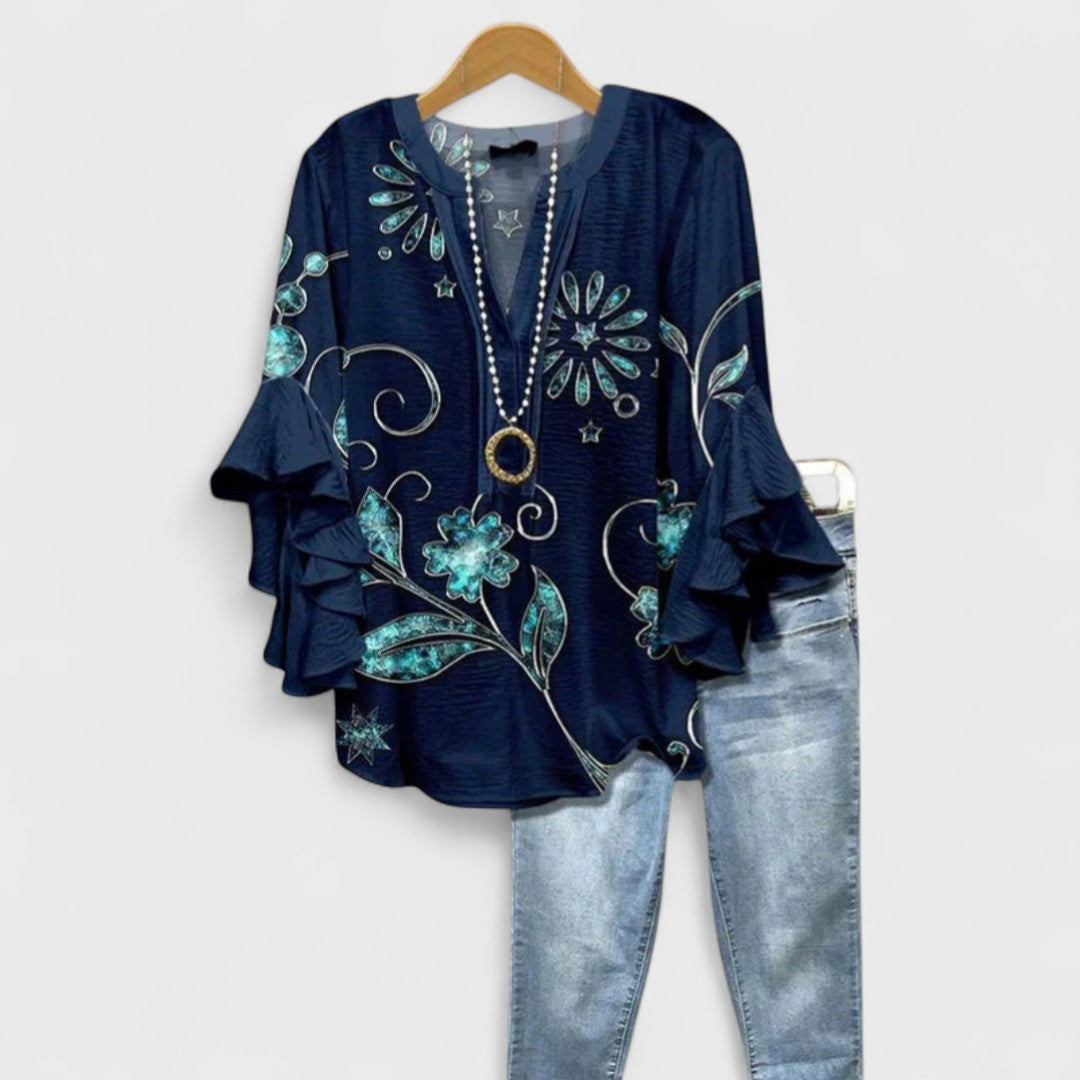 Floral Print Blouse with Tiered Sleeves in dark blue