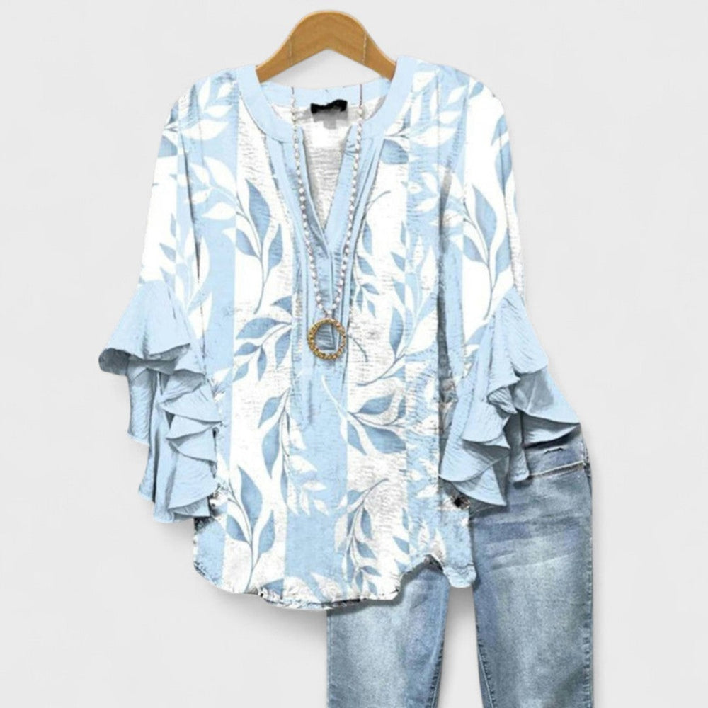 Floral Print Blouse with Tiered Sleeves in light blue