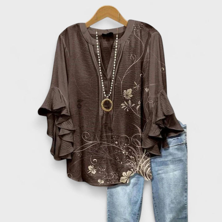 Floral Print Blouse with Tiered Sleeves in brown