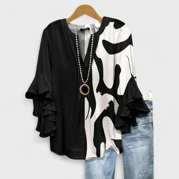 Floral Print Blouse with Tiered Sleeves in black