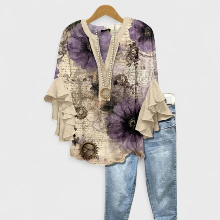 Floral Print Blouse with Tiered Sleeves in beige