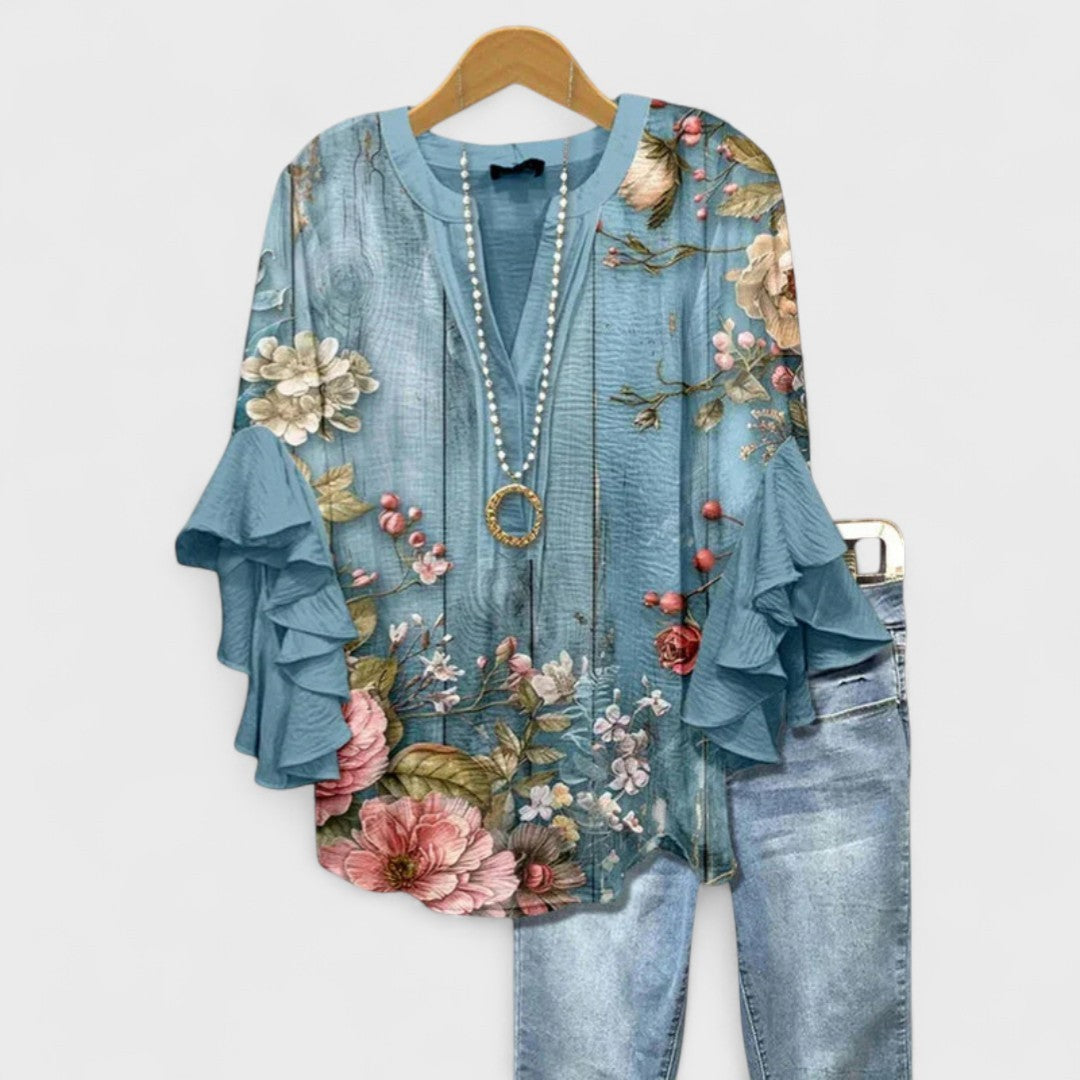 Floral Print Blouse with Tiered Sleeves in floral blue