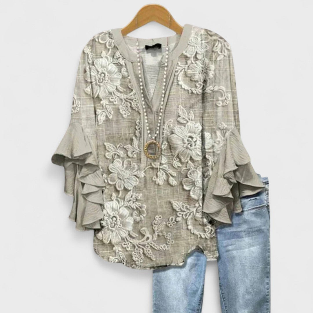 Floral Print Blouse with Tiered Sleeves in light brown