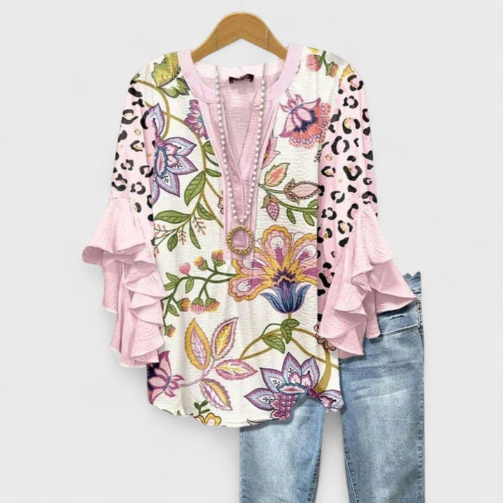 Floral Print Blouse with Tiered Sleeves in pink