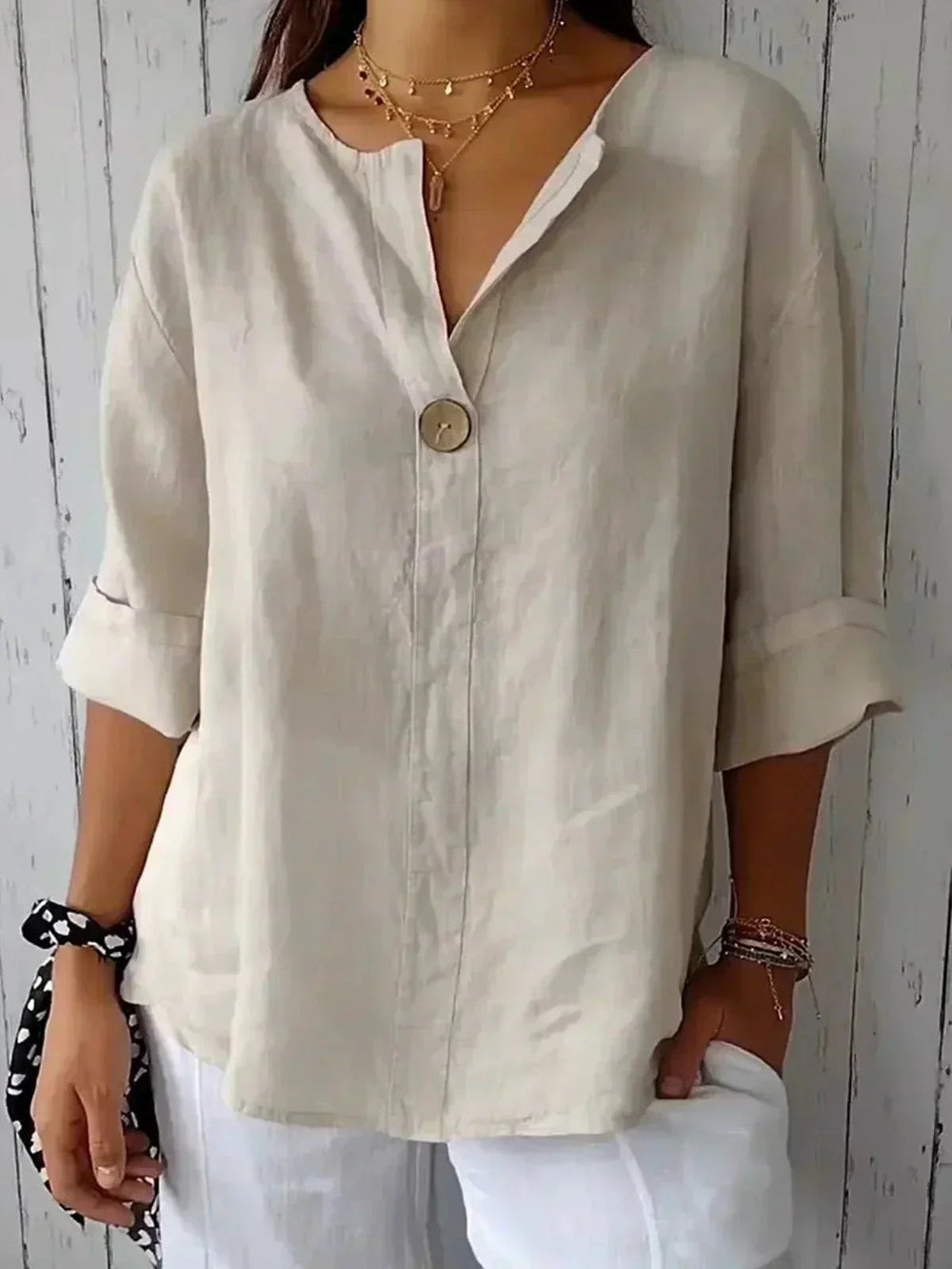 Linen Top with V Neck and Wooden Button in beige