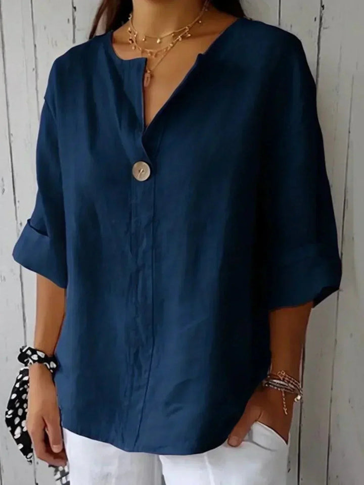 Linen Top with V Neck and Wooden Button in navy blue