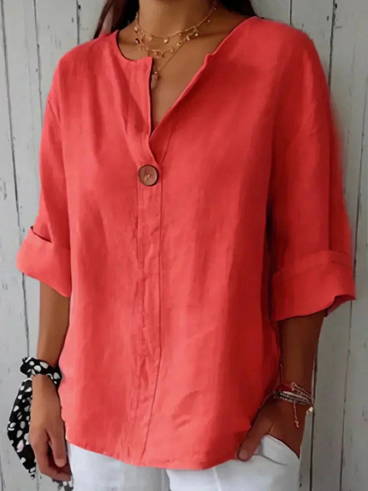 Linen Top with V Neck and Wooden Button in red