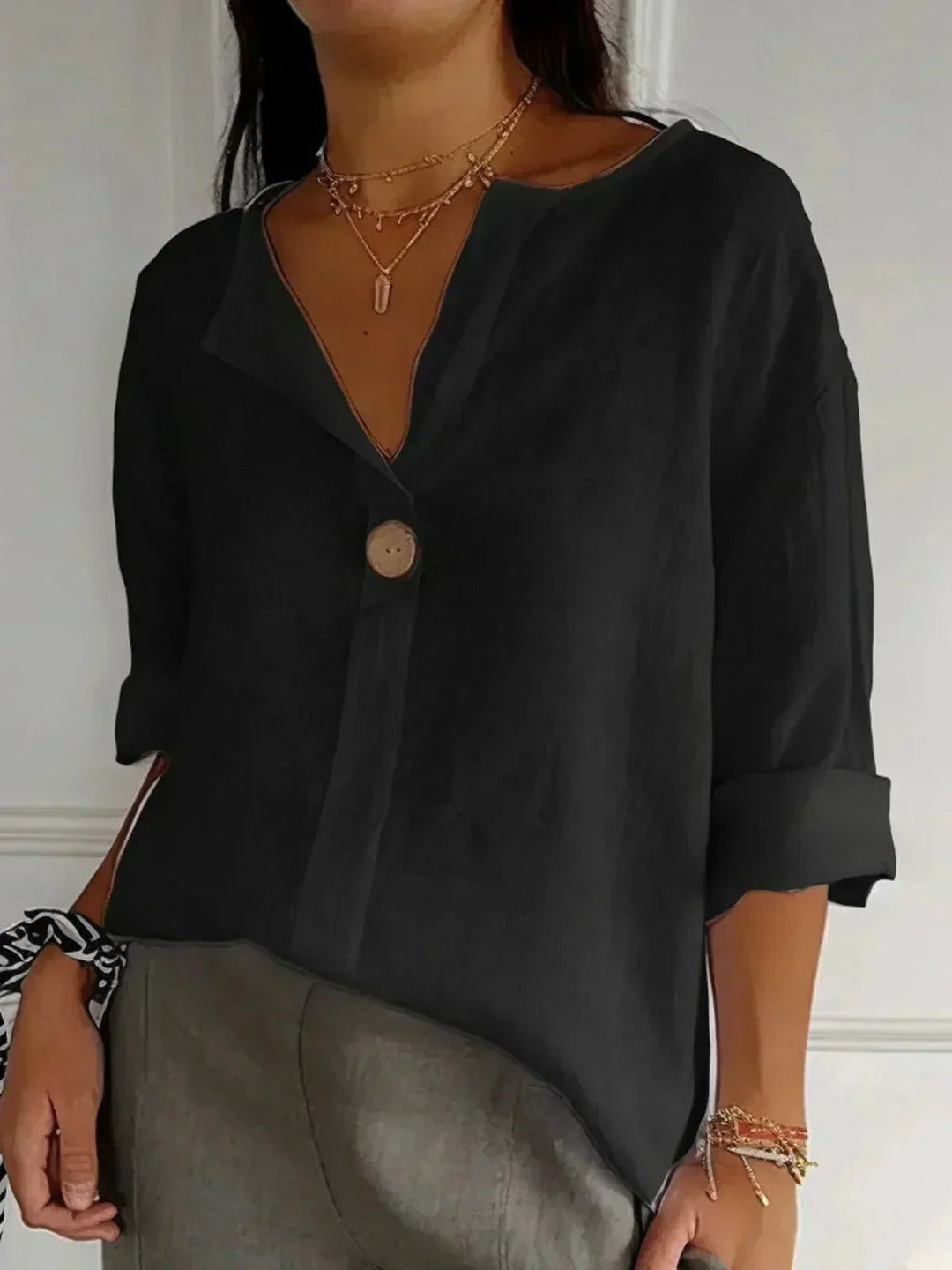 Linen Top with V Neck and Wooden Button in black