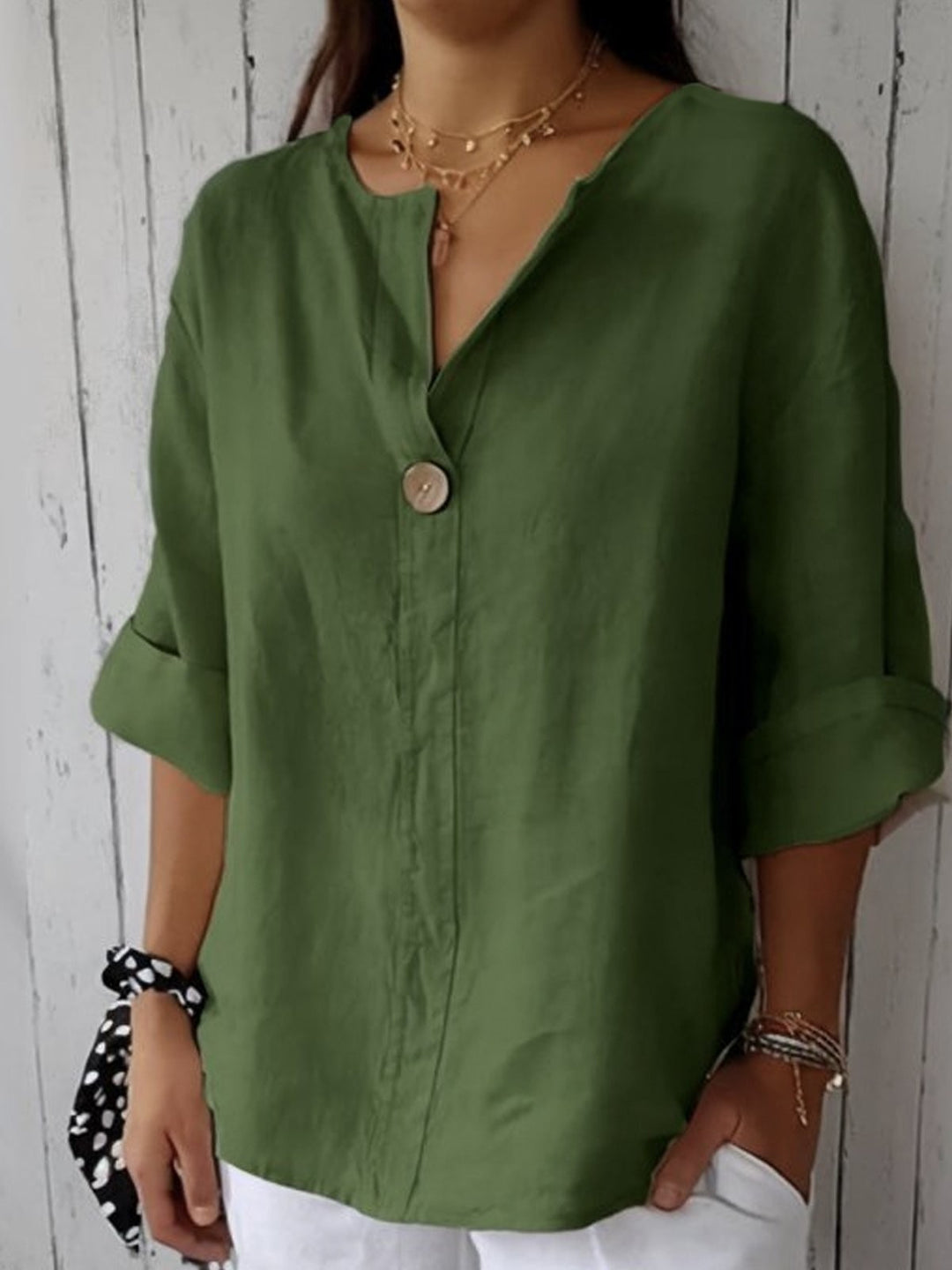 Linen Top with V Neck and Wooden Button in green