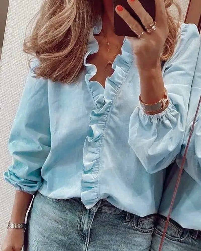 Ruffle V Neck Blouse with Long Sleeves in blue