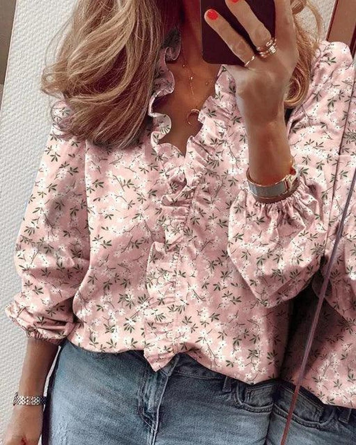 Ruffle V Neck Blouse with Long Sleeves in pink