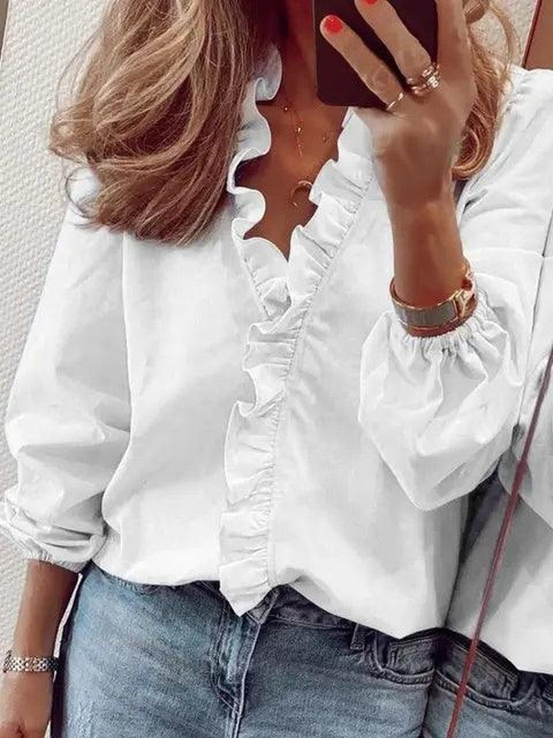 Ruffle V Neck Blouse with Long Sleeves in white