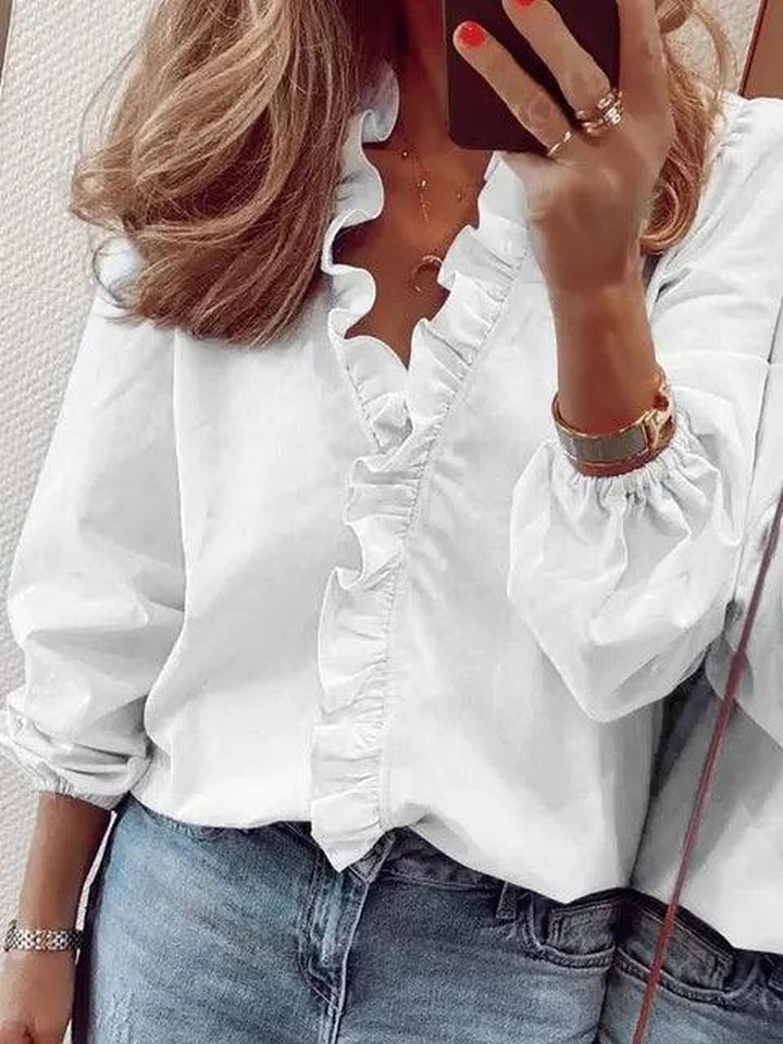 Ruffle V Neck Blouse with Long Sleeves in white