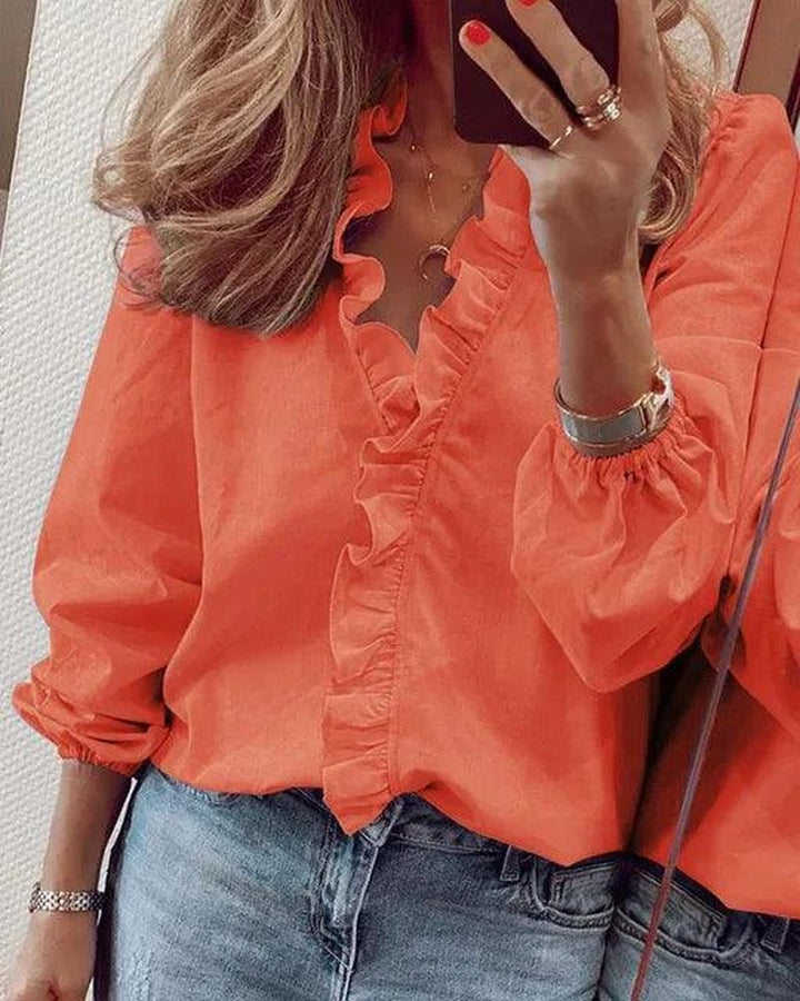 Ruffle V Neck Blouse with Long Sleeves in orange