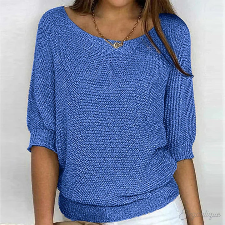 Loose Knit Jumper with Wide Neck in blue