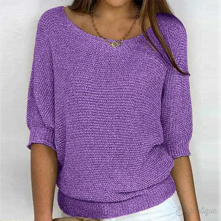 Loose Knit Jumper with Wide Neck in purple