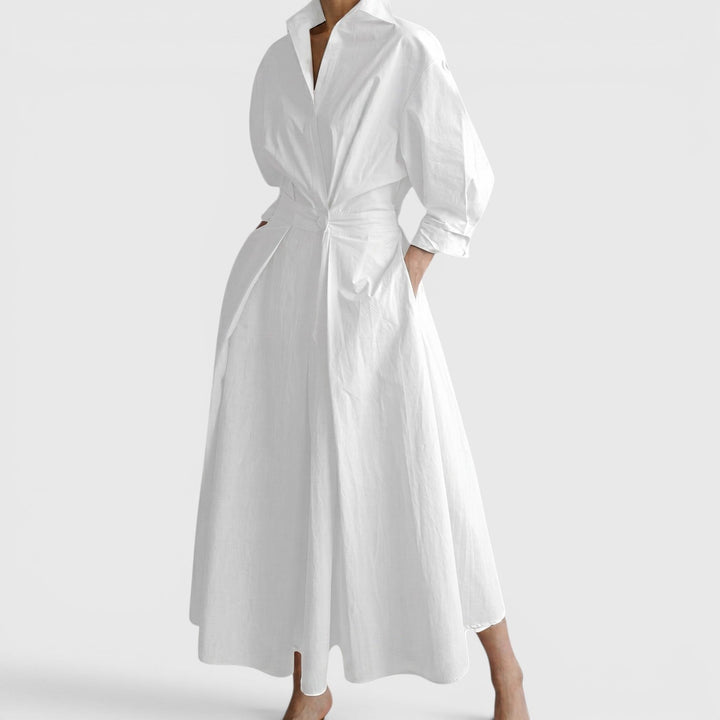 Collared Maxi Dress with Twist Waist and Pockets in white