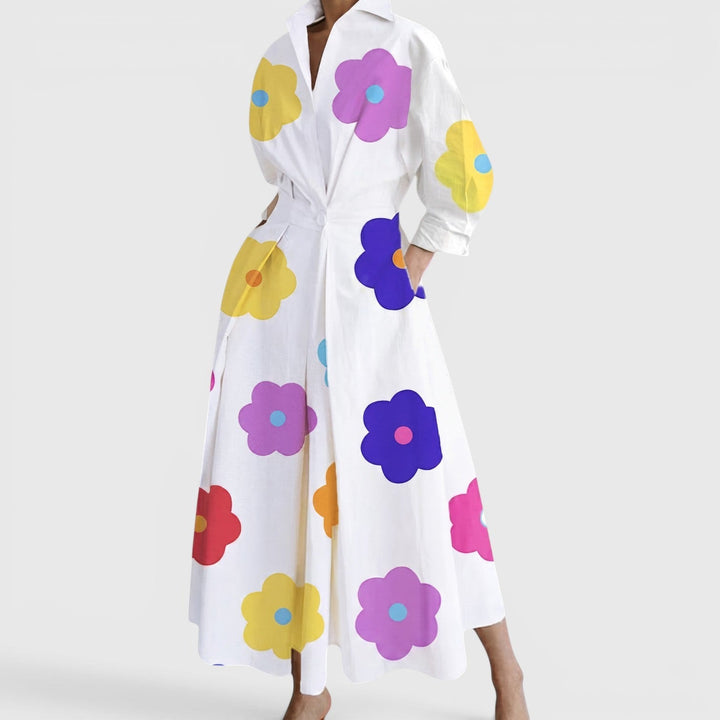 Collared Maxi Dress with Twist Waist and Pockets in white floral