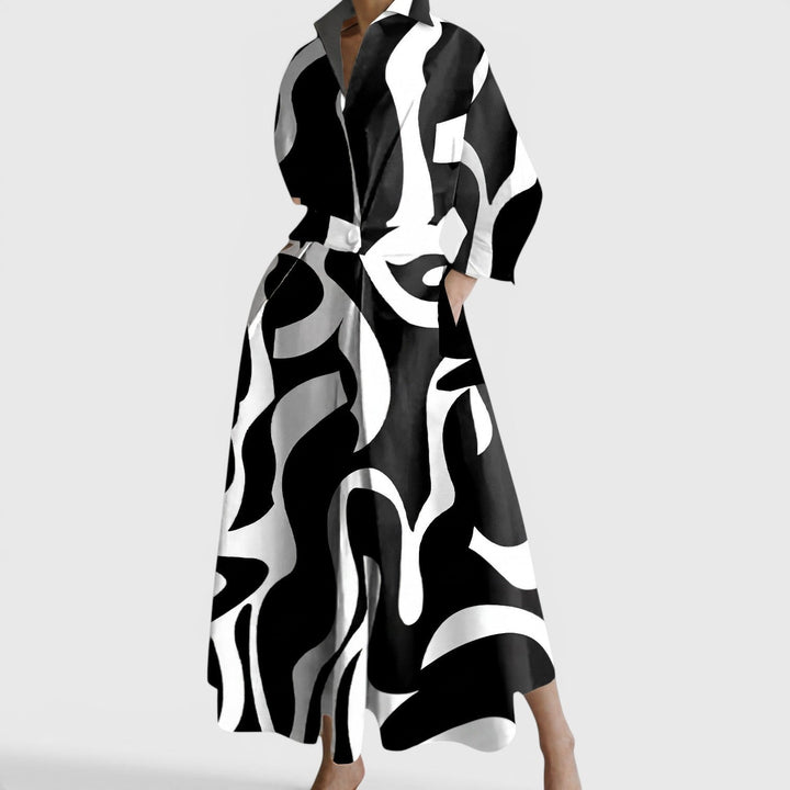 Collared Maxi Dress with Twist Waist and Pockets in black abstract