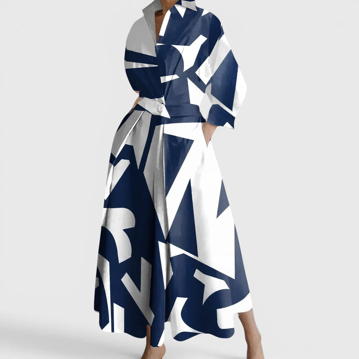 Collared Maxi Dress with Twist Waist and Pockets in navy abstract