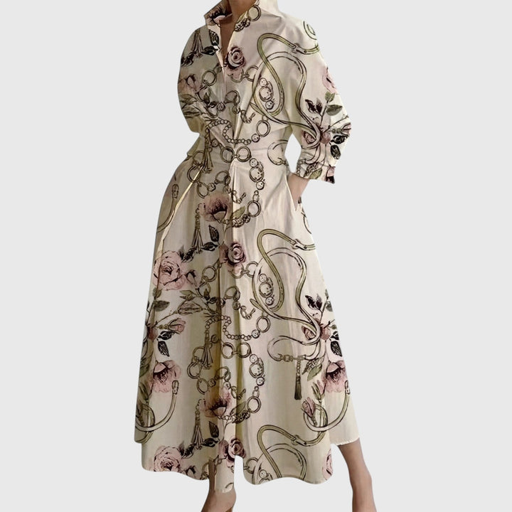 Collared Maxi Dress with Twist Waist and Pockets in beige chain print