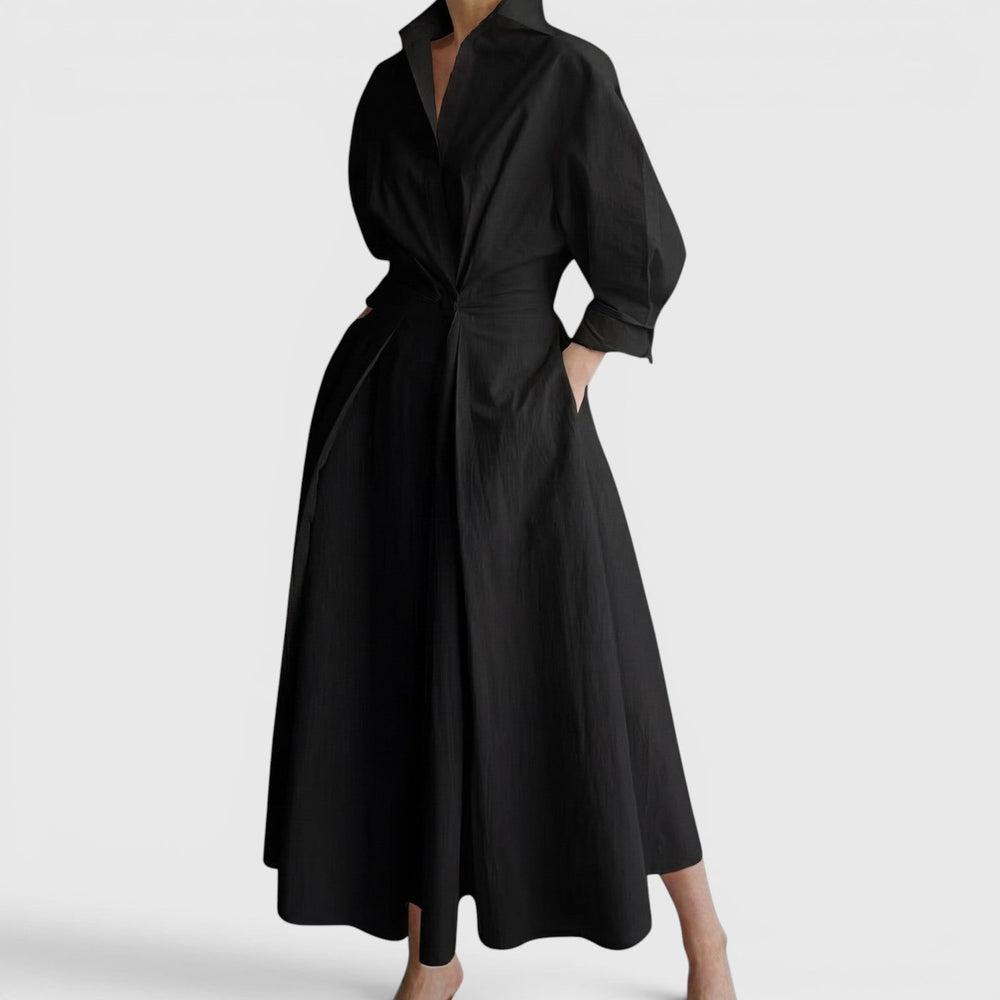 Collared Maxi Dress with Twist Waist and Pockets in black