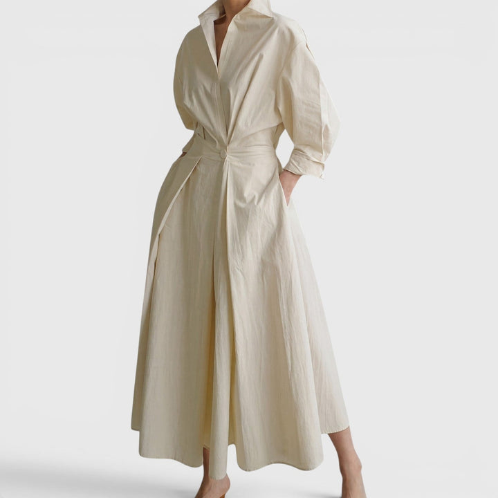 Collared Maxi Dress with Twist Waist and Pockets in apricot
