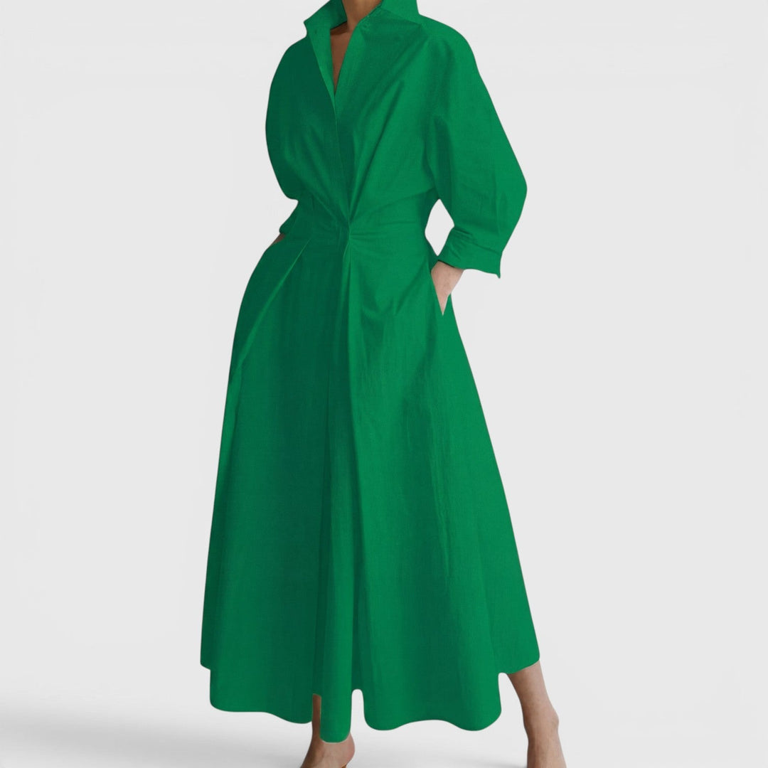 Collared Maxi Dress with Twist Waist and Pockets in green