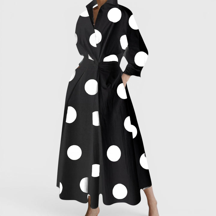 Collared Maxi Dress with Twist Waist and Pockets in black polka