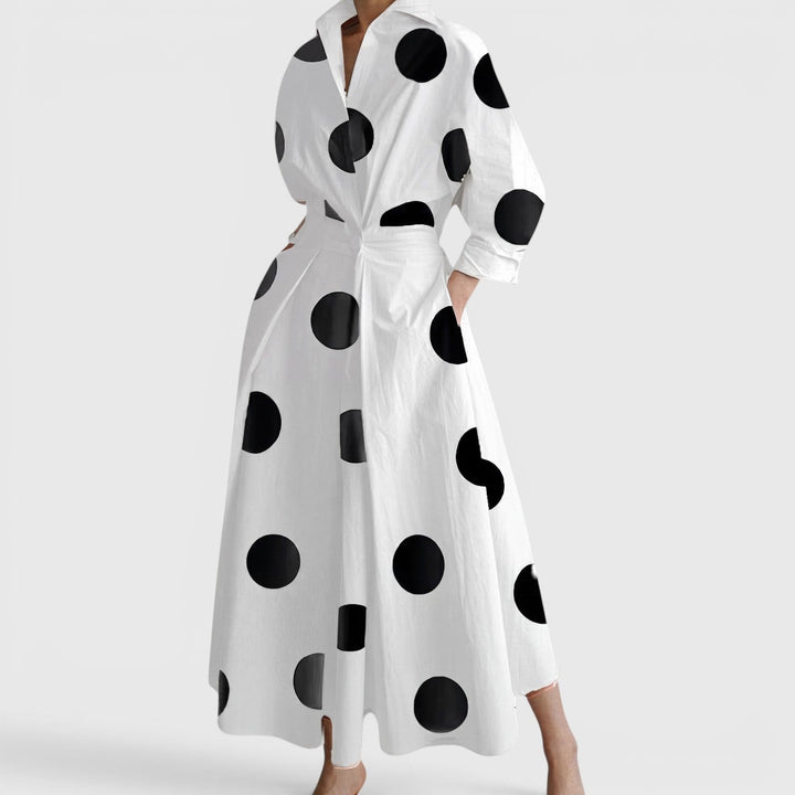 Collared Maxi Dress with Twist Waist and Pockets in white polka