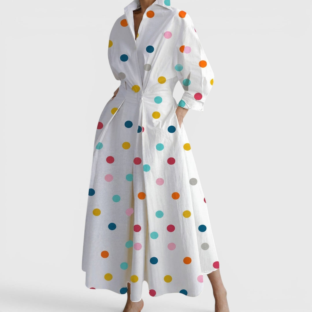 Collared Maxi Dress with Twist Waist and Pockets in rainbow polka