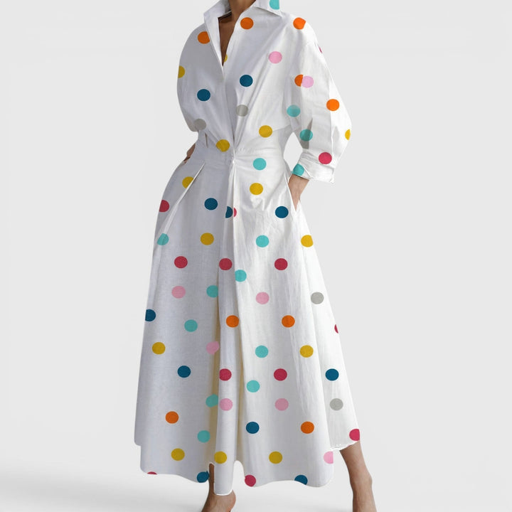 Collared Maxi Dress with Twist Waist and Pockets in rainbow polka