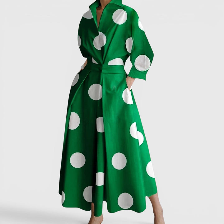 Collared Maxi Dress with Twist Waist and Pockets in green polka