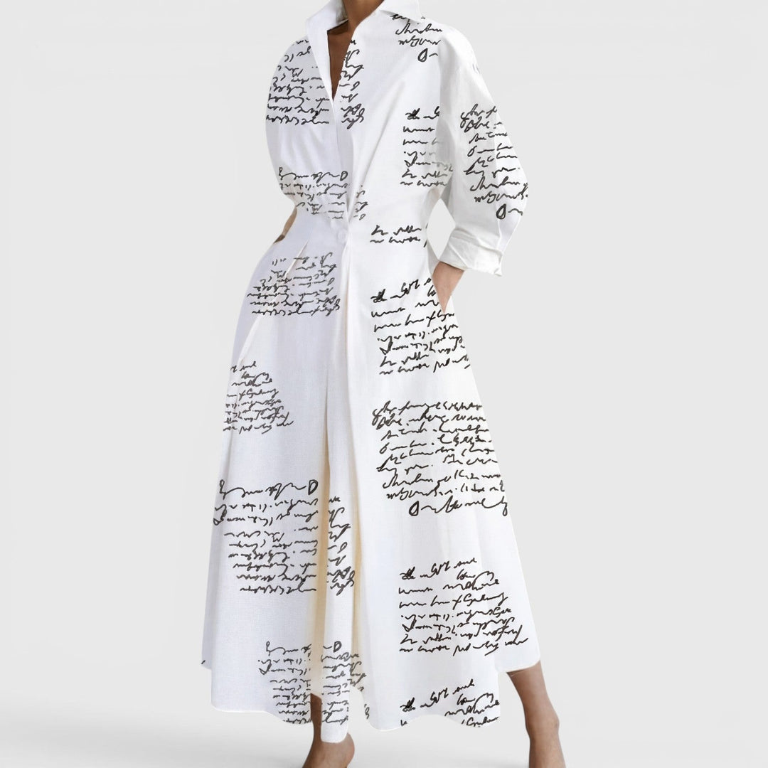 Collared Maxi Dress with Twist Waist and Pockets in white script